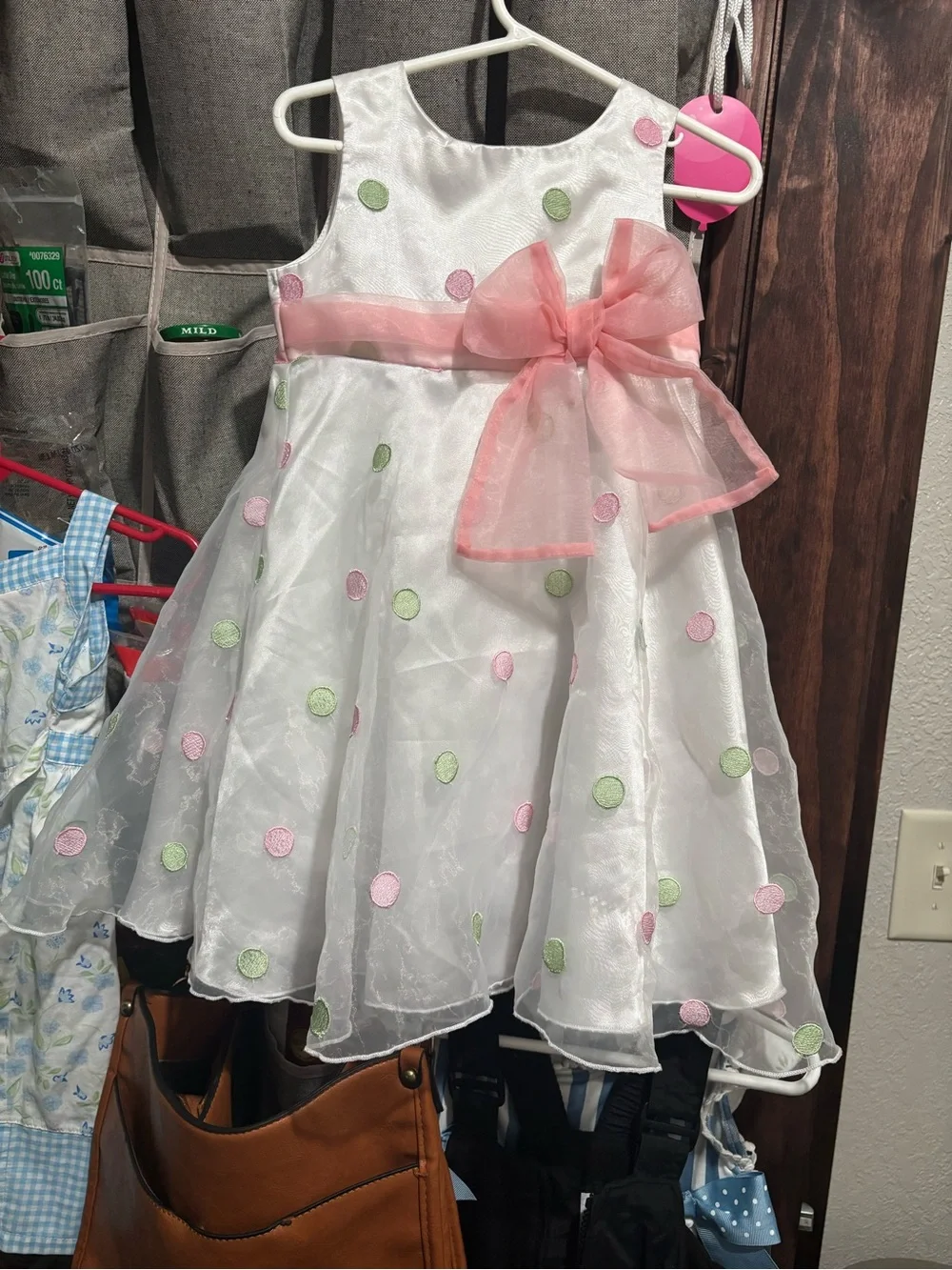 Blueberi Boulevard White Dress with Pink Bow and Green & Pink Polka Dots